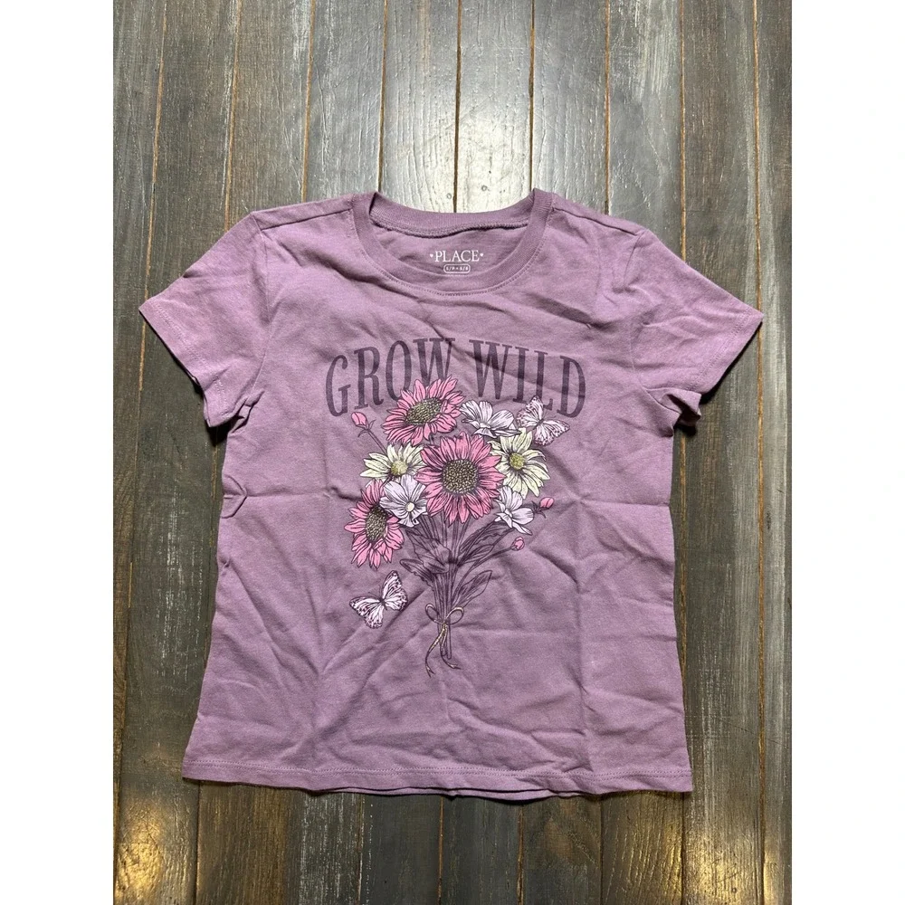 The Childrens Place Girls Grow Wild Purple Floral Graphic T-Shirt Size S 5/6